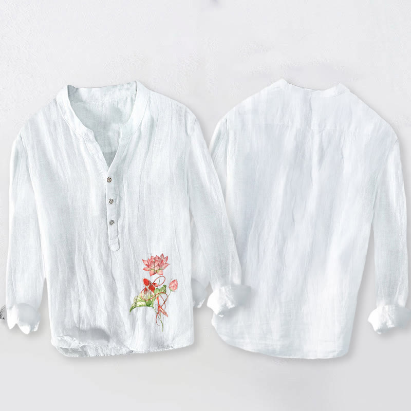 Herren-Langarmhemd aus Baumwoll-Leinen-Mischgewebe mit Buddha Stones, schwimmenden Koi-Karpfen und Lotusmuster sowie halben Knöpfen. - image 2