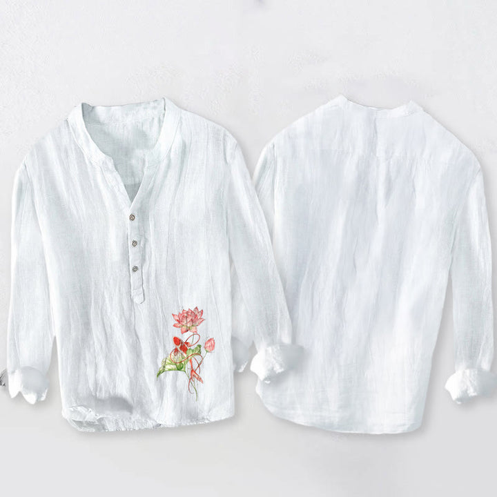 Herren-Langarmhemd aus Baumwoll-Leinen-Mischgewebe mit Buddha Stones, schwimmenden Koi-Karpfen und Lotusmuster sowie halben Knöpfen. - image 2