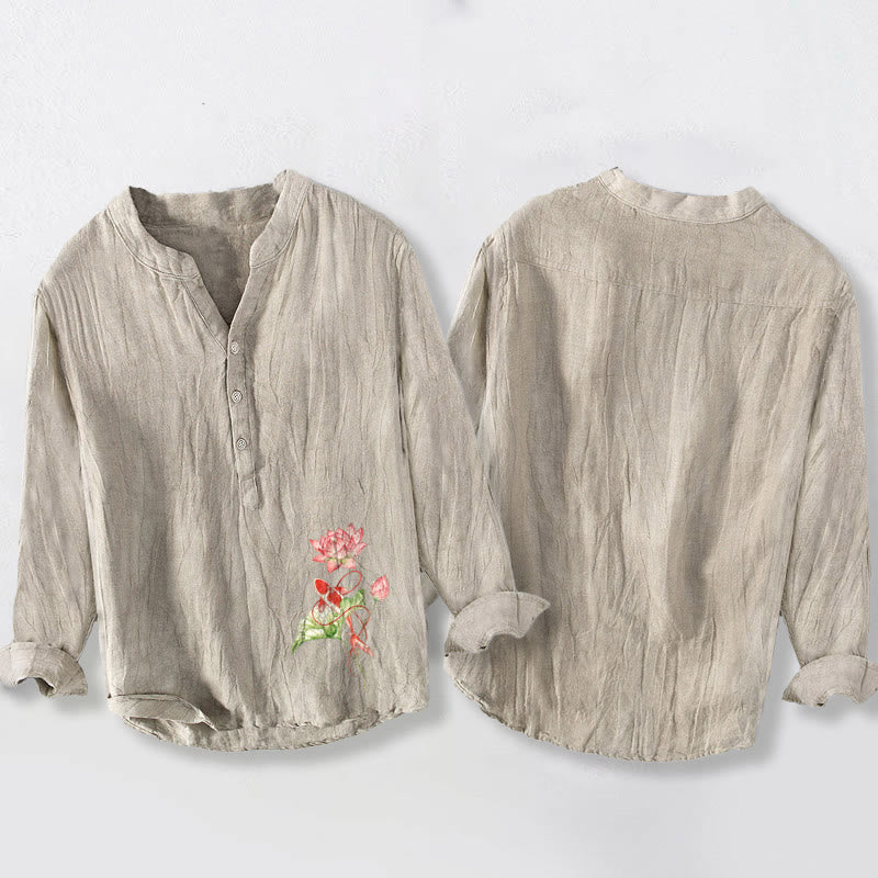 Herren-Langarmhemd aus Baumwoll-Leinen-Mischgewebe mit Buddha Stones, schwimmenden Koi-Karpfen und Lotusmuster sowie halben Knöpfen. - image 5