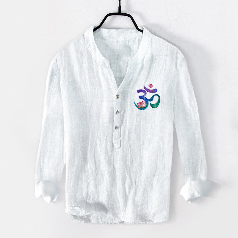 Herren-Langarmhemd aus Baumwoll-Leinen mit Buddha Stones -Lotus-OM-Symbolmuster und halben Knöpfen. - image 8