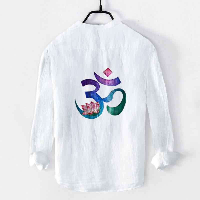 Herren-Langarmhemd aus Baumwoll-Leinen mit Buddha Stones -Lotus-OM-Symbolmuster und halben Knöpfen. - image 7