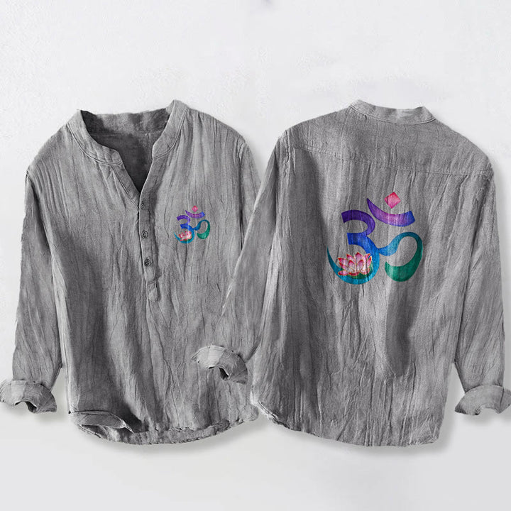 Herren-Langarmhemd aus Baumwoll-Leinen mit Buddha Stones -Lotus-OM-Symbolmuster und halben Knöpfen. - Grau - US/ UK/AU50, EU60 (5XL) - image 0