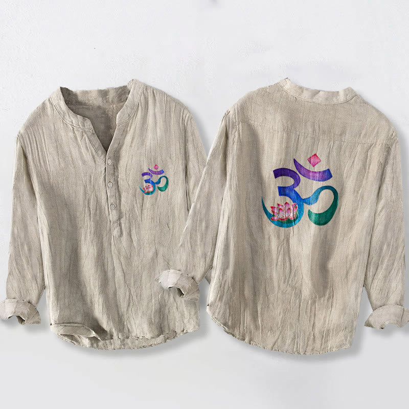 Herren-Langarmhemd aus Baumwoll-Leinen mit Buddha Stones -Lotus-OM-Symbolmuster und halben Knöpfen. - Leinen - US/ UK/AU50, EU60 (5XL) - image 3