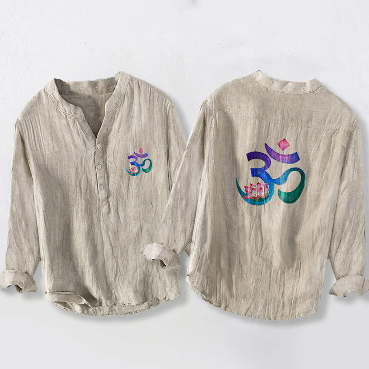 Herren-Langarmhemd aus Baumwoll-Leinen mit Buddha Stones -Lotus-OM-Symbolmuster und halben Knöpfen. - Leinen - US/ UK/AU50, EU60 (5XL) - image 3