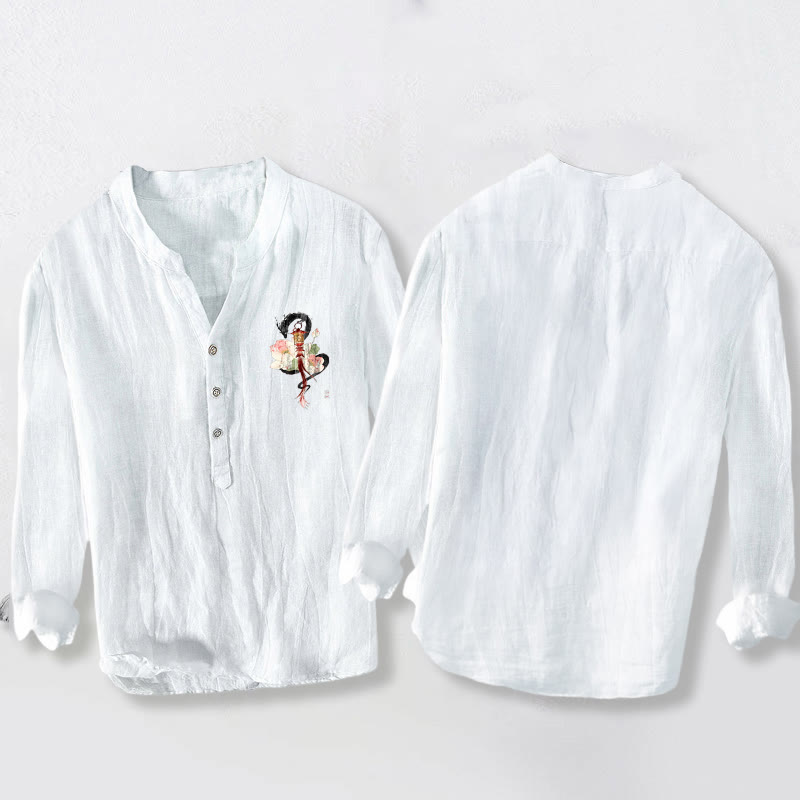 Herren-Langarmhemd aus Baumwoll-Leinen-Mischgewebe mit Buddha Stones, Drachen-Lotuslaternen-Muster und halben Knöpfen. - image 5