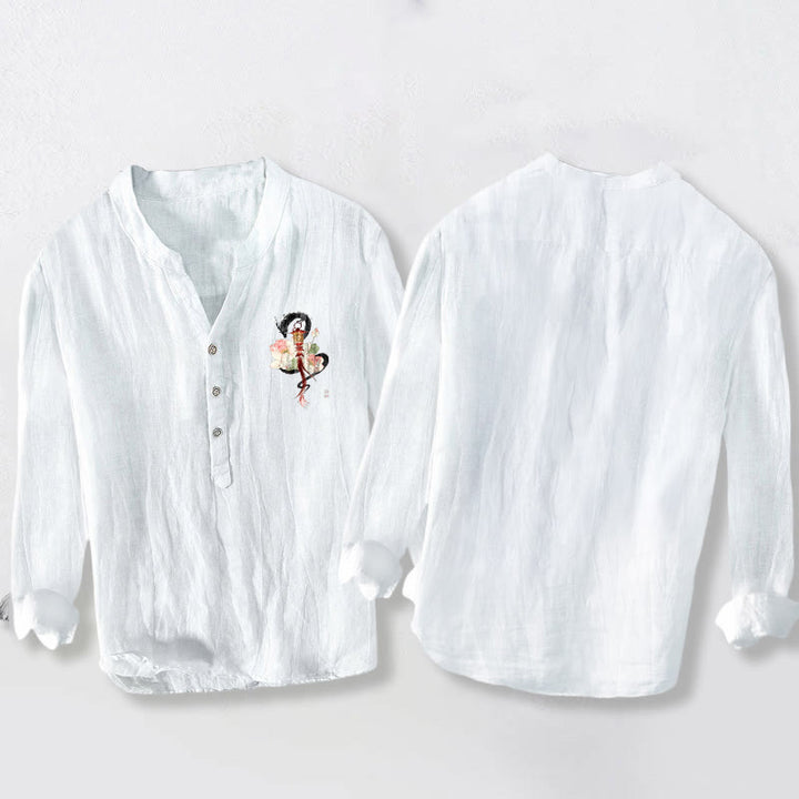 Herren-Langarmhemd aus Baumwoll-Leinen-Mischgewebe mit Buddha Stones, Drachen-Lotuslaternen-Muster und halben Knöpfen. - image 5