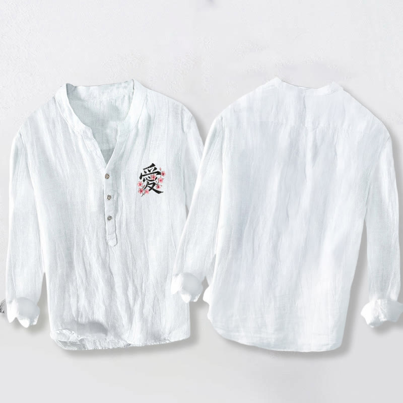 Herren-Langarmhemd aus Baumwoll-Leinen-Mischgewebe mit Buddha Stones -Pfirsichblüten-Liebesmotiv und halben Knöpfen. - image 8