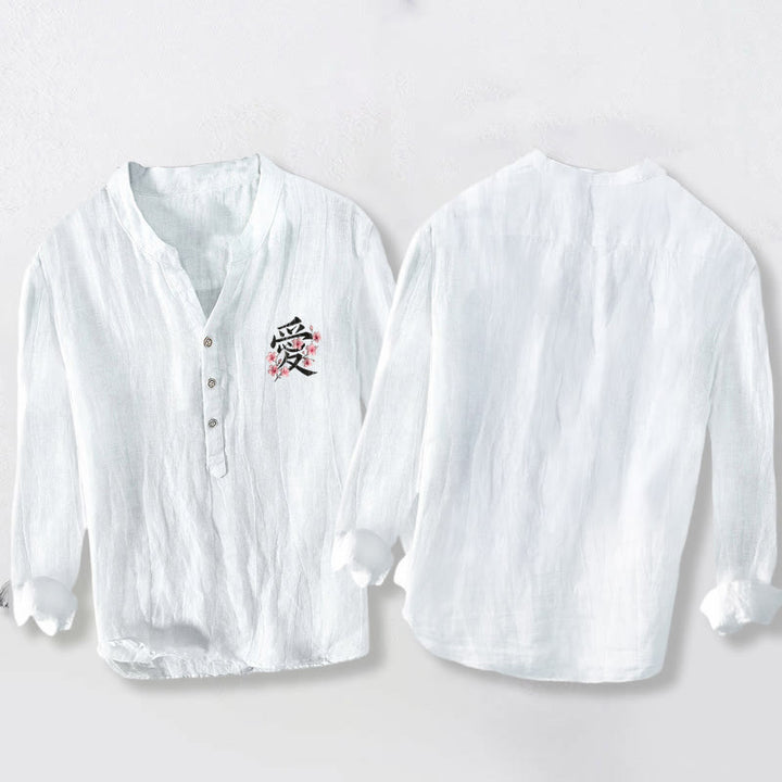 Herren-Langarmhemd aus Baumwoll-Leinen-Mischgewebe mit Buddha Stones -Pfirsichblüten-Liebesmotiv und halben Knöpfen. - image 8