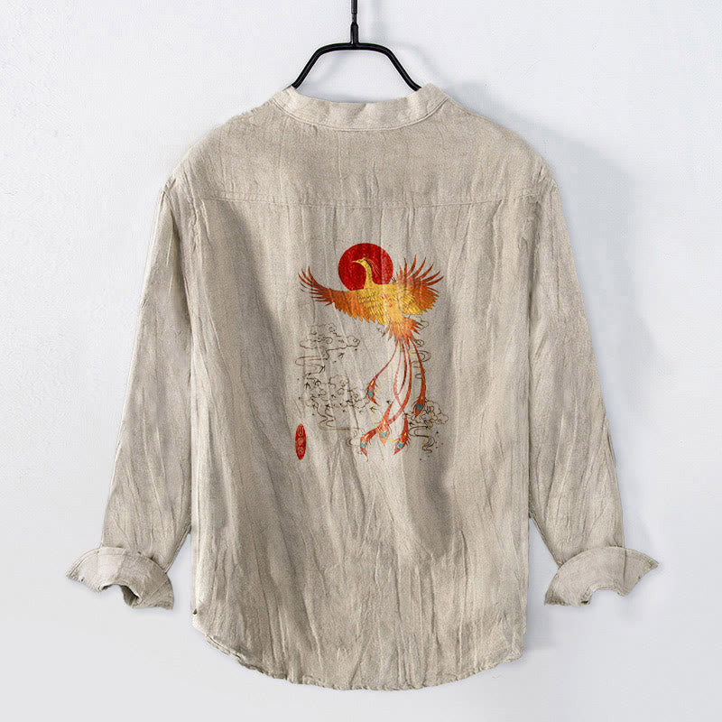 Herren-Langarmhemd aus Baumwolle und Leinen mit Buddha Stones, Phönixwolken, rotem Sonnenmuster und halben Knöpfen. - image 0