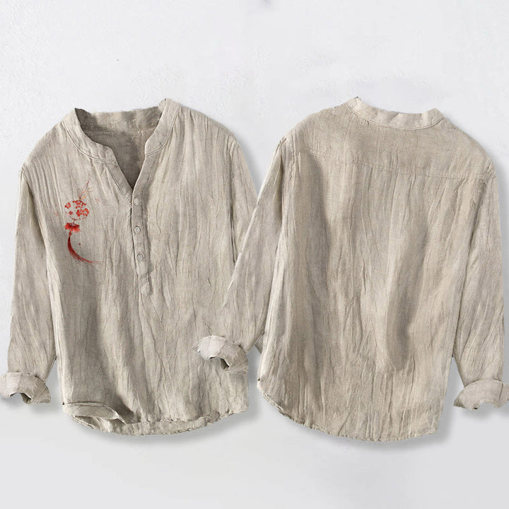 Herren-Langarmhemd aus Baumwoll-Leinen-Mischgewebe mit Buddha Stones, rotem Blumenlaternenmuster und halben Knöpfen. - image 5