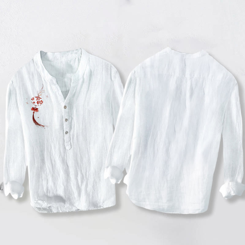 Herren-Langarmhemd aus Baumwoll-Leinen-Mischgewebe mit Buddha Stones, rotem Blumenlaternenmuster und halben Knöpfen. - image 2