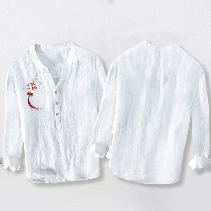 Herren-Langarmhemd aus Baumwoll-Leinen-Mischgewebe mit Buddha Stones, rotem Blumenlaternenmuster und halben Knöpfen. - image 2