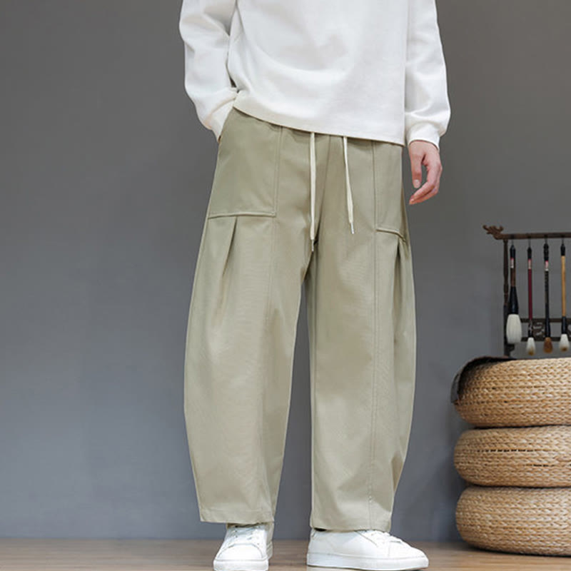 Buddha Stones Herbstfarbene, einfarbige Herren-Haremshose aus Baumwolle mit Taschen - Dunkelkhaki - US/ UK/AU46, EU56 (5XL) - image 0