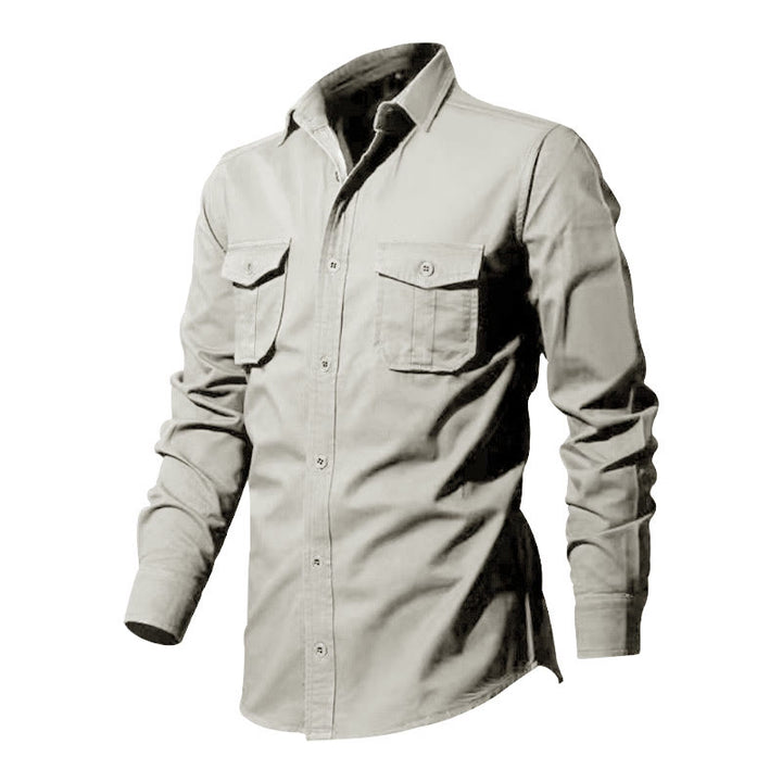 Buddha Stones Herrenhemd aus Baumwolle, einfarbig, Stehkragen, langärmlig, mit Taschen - image 9