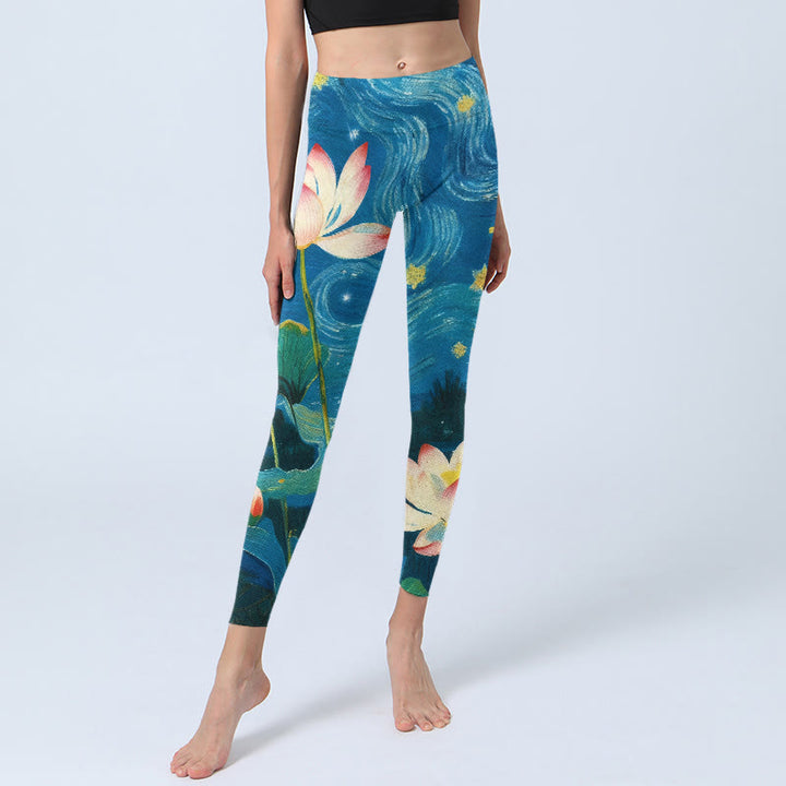 Leggings mit Buddha Stones, Lotusblumen und Sternenhimmel-Muster, Damen-Yogahose - image 5