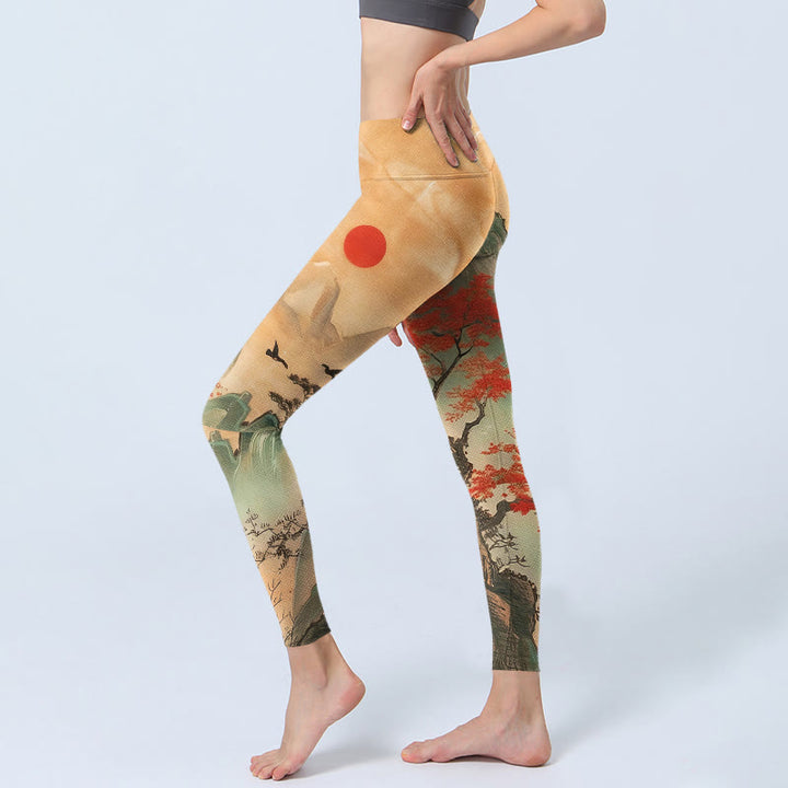 Leggings mit Buddha Stones, Berg- und Baum-Muster sowie aufgehender Sonne – Sport- und Yogahosen für Damen - image 2