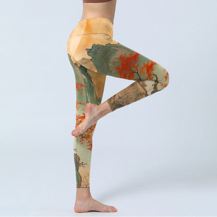 Leggings mit Buddha Stones, Berg- und Baum-Muster sowie aufgehender Sonne – Sport- und Yogahosen für Damen - image 4