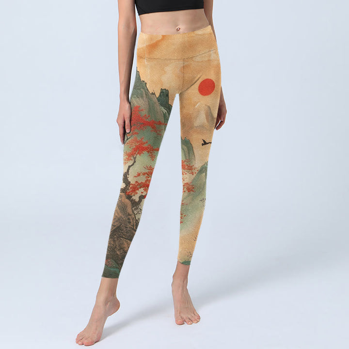 Leggings mit Buddha Stones, Berg- und Baum-Muster sowie aufgehender Sonne – Sport- und Yogahosen für Damen - image 5