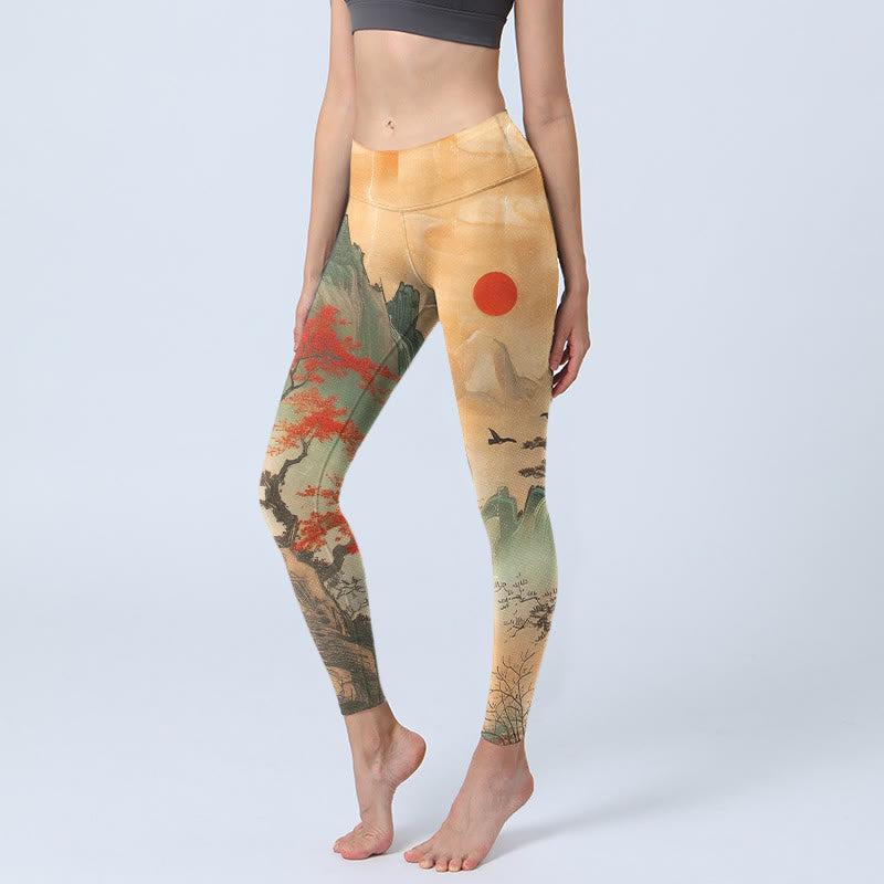 Leggings mit Buddha Stones, Berg- und Baum-Muster sowie aufgehender Sonne – Sport- und Yogahosen für Damen - SandyBrown - US18, UK/AU22, EU50 (4XL) - image 0