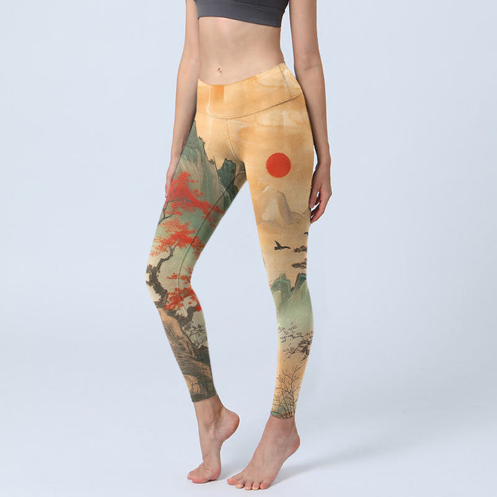 Leggings mit Buddha Stones, Berg- und Baum-Muster sowie aufgehender Sonne – Sport- und Yogahosen für Damen - SandyBrown - US18, UK/AU22, EU50 (4XL) - image 0