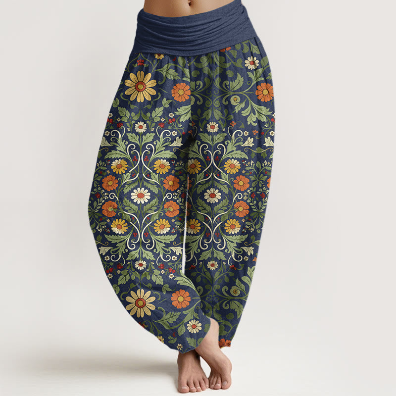 Buddha Stones, reine Baumwolle, bunte Blumenranken, Damen-Haremshose mit elastischem Bund - Dunkelschieferblau - US16, UK/AU20, EU48 (3XL) - image 0