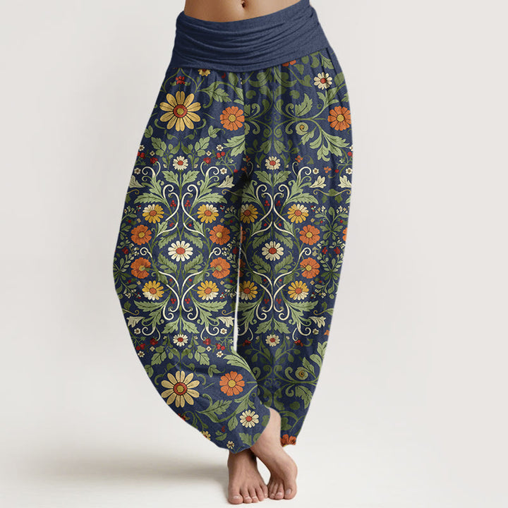 Buddha Stones, reine Baumwolle, bunte Blumenranken, Damen-Haremshose mit elastischem Bund - Dunkelschieferblau - US16, UK/AU20, EU48 (3XL) - image 0