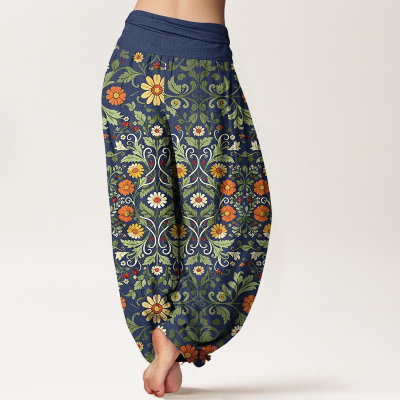 Buddha Stones, reine Baumwolle, bunte Blumenranken, Damen-Haremshose mit elastischem Bund - image 1