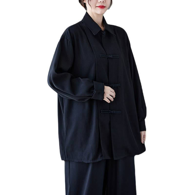 Buddha Stones Schwarzes, schlichtes Langarmshirt aus Baumwolle mit Froschknopfverschluss für Damen - image 7