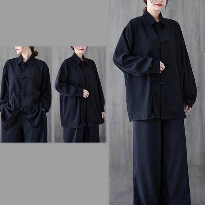 Buddha Stones Schwarzes, schlichtes Langarmshirt aus Baumwolle mit Froschknopfverschluss für Damen - image 6