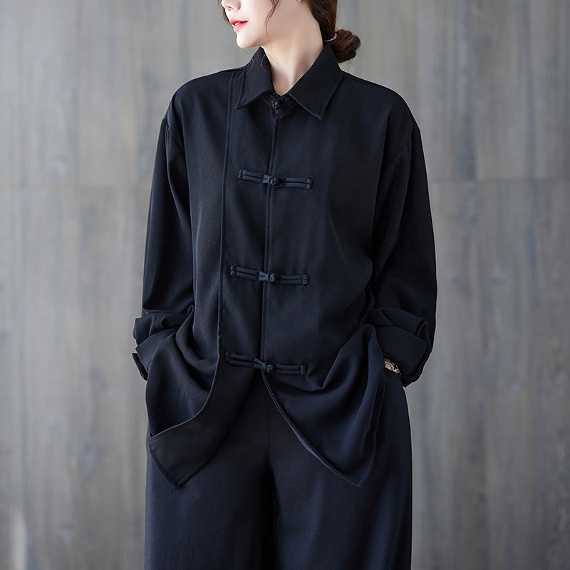 Buddha Stones Schwarzes, schlichtes Langarmshirt aus Baumwolle mit Froschknopfverschluss für Damen - Schwarz - US12, UK/AU16, EU44 (XL) - image 0