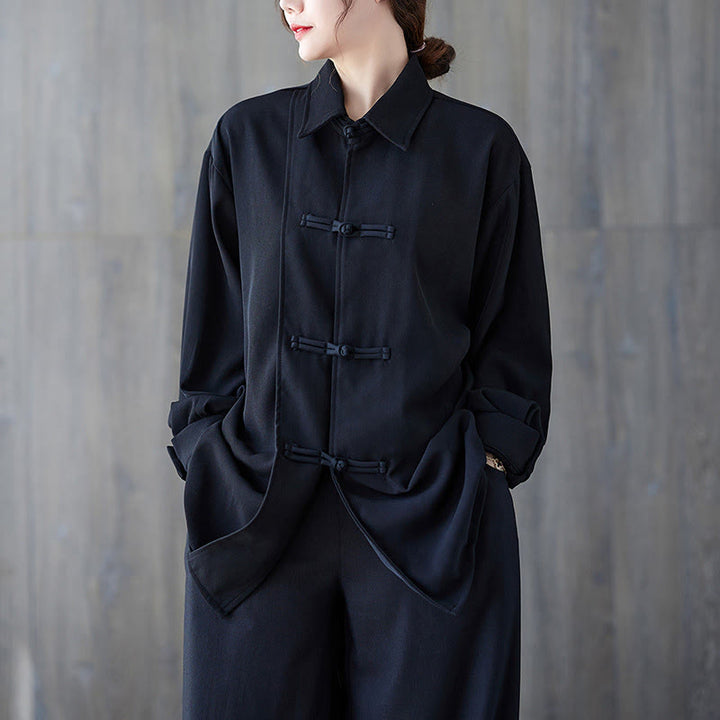 Buddha Stones Schwarzes, schlichtes Langarmshirt aus Baumwolle mit Froschknopfverschluss für Damen - Schwarz - US12, UK/AU16, EU44 (XL) - image 0