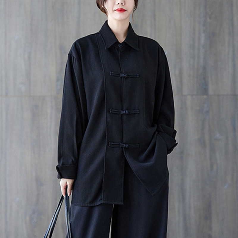 Buddha Stones Schwarzes, schlichtes Langarmshirt aus Baumwolle mit Froschknopfverschluss für Damen - image 3