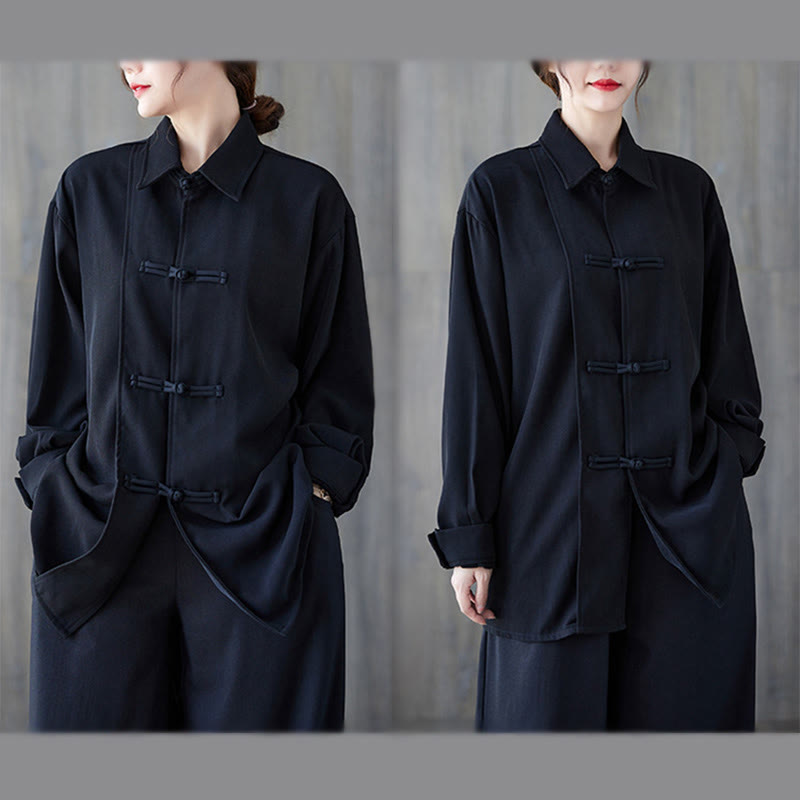 Buddha Stones Schwarzes, schlichtes Langarmshirt aus Baumwolle mit Froschknopfverschluss für Damen - image 5