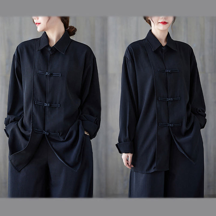 Buddha Stones Schwarzes, schlichtes Langarmshirt aus Baumwolle mit Froschknopfverschluss für Damen - image 5