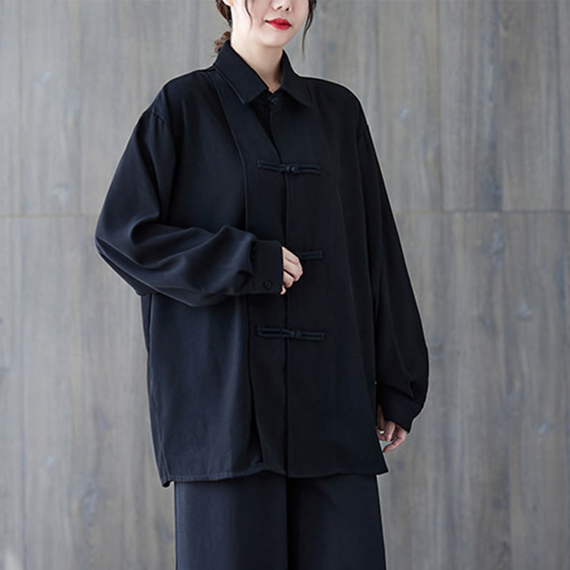 Buddha Stones Schwarzes, schlichtes Langarmshirt aus Baumwolle mit Froschknopfverschluss für Damen - image 2