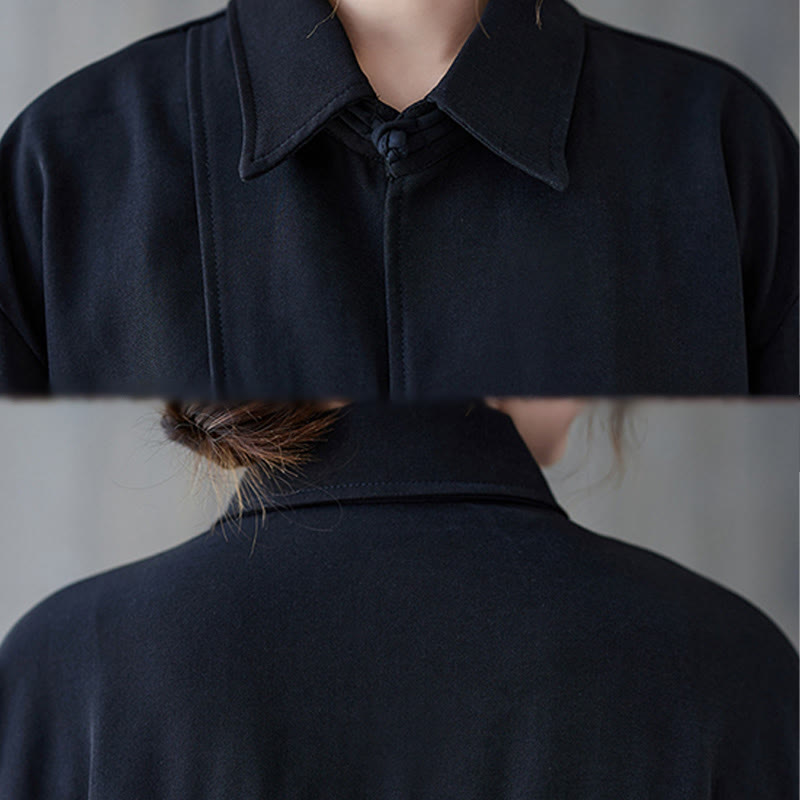 Buddha Stones Schwarzes, schlichtes Langarmshirt aus Baumwolle mit Froschknopfverschluss für Damen - image 10