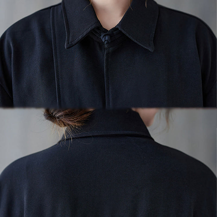 Buddha Stones Schwarzes, schlichtes Langarmshirt aus Baumwolle mit Froschknopfverschluss für Damen - image 10