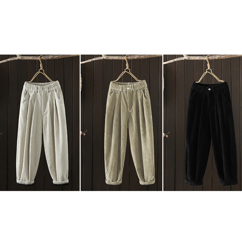 Buddha Stones Damen Winter Haremshose aus Cord-Baumwolle mit hoher Taille und Fleecefutter und Taschen - image 24