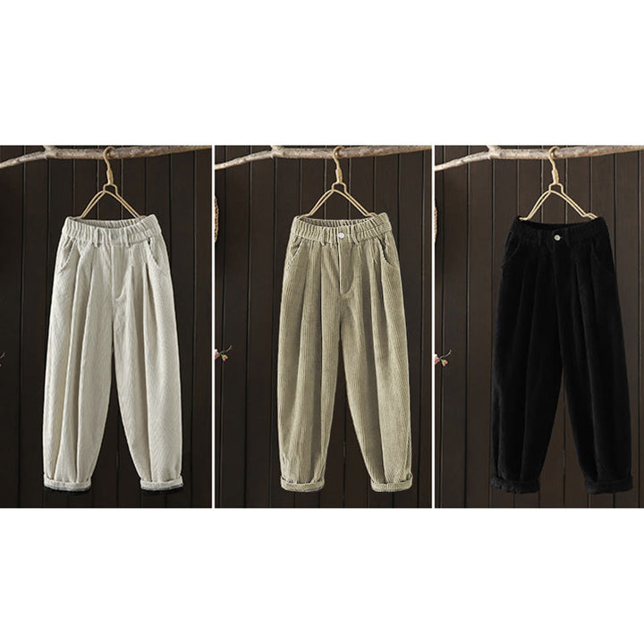 Buddha Stones Damen Winter Haremshose aus Cord-Baumwolle mit hoher Taille und Fleecefutter und Taschen - image 24