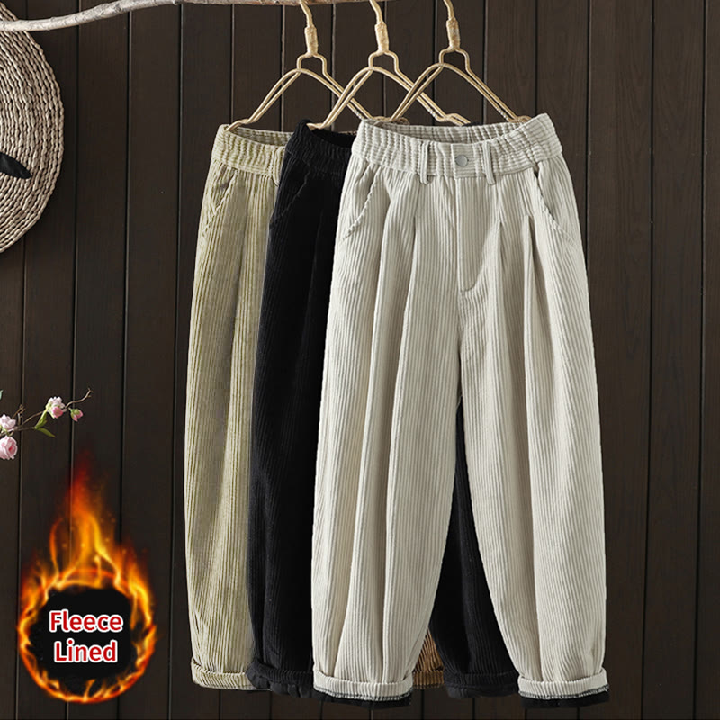 Buddha Stones Damen Winter Haremshose aus Cord-Baumwolle mit hoher Taille und Fleecefutter und Taschen - image 23