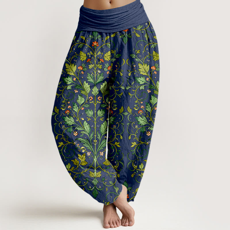 Buddha Stones Haremshose aus reiner Baumwolle mit klassischem, symmetrischem Pflanzenblattmuster und elastischem Bund für Damen. - Marine - US16, UK/AU20, EU48 (3XL) - image 0