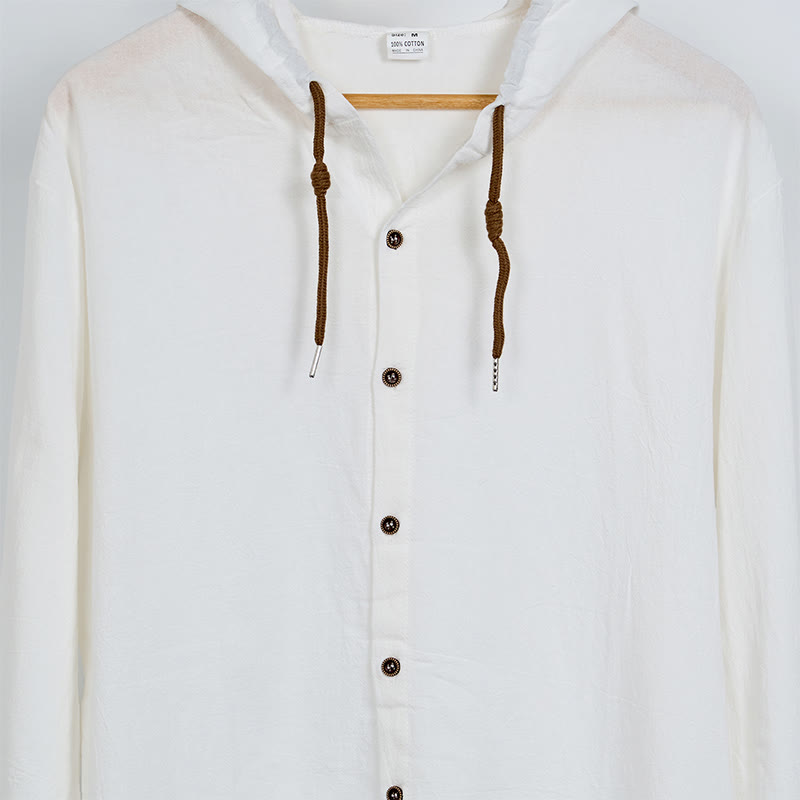 Buddha Stones Einfarbiges Langarm-Herrenhemd aus Leinen mit Kapuze und Kordelzug - image 7