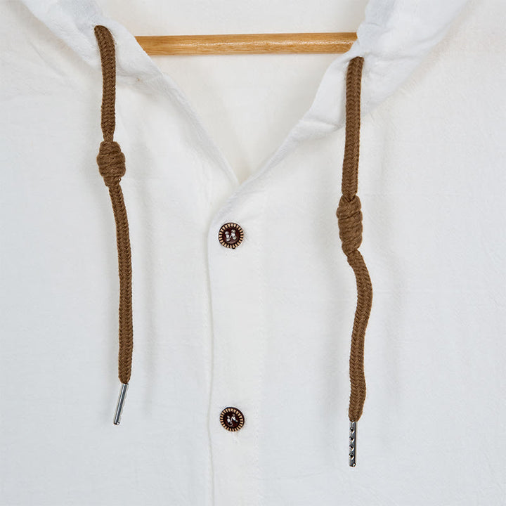 Buddha Stones Einfarbiges Langarm-Herrenhemd aus Leinen mit Kapuze und Kordelzug - image 6