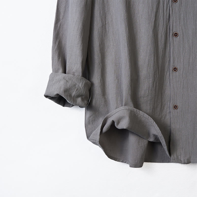 Buddha Stones Einfarbiges Langarm-Herrenhemd aus Leinen mit Kapuze und Kordelzug - image 12