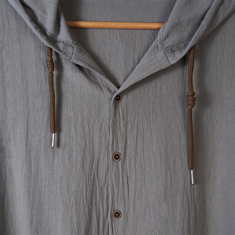 Buddha Stones Einfarbiges Langarm-Herrenhemd aus Leinen mit Kapuze und Kordelzug - image 13