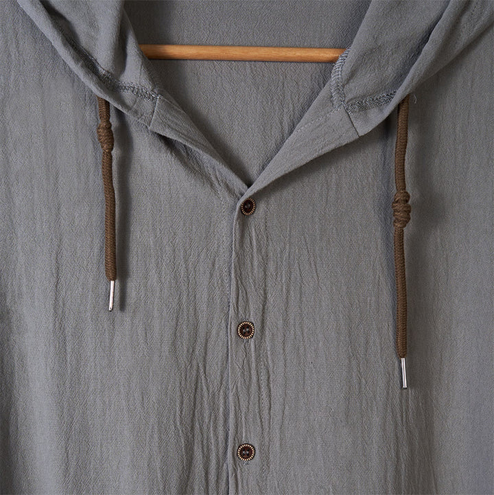 Buddha Stones Einfarbiges Langarm-Herrenhemd aus Leinen mit Kapuze und Kordelzug - image 13