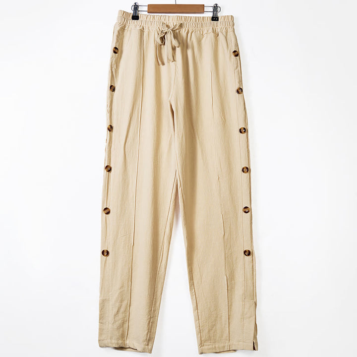 Buddha Stones Einfarbige Herren-Baumwollhose mit seitlichen Knöpfen und Taschen - Biskuit - US/ UK/AU46, EU56 (3XL) - image 0