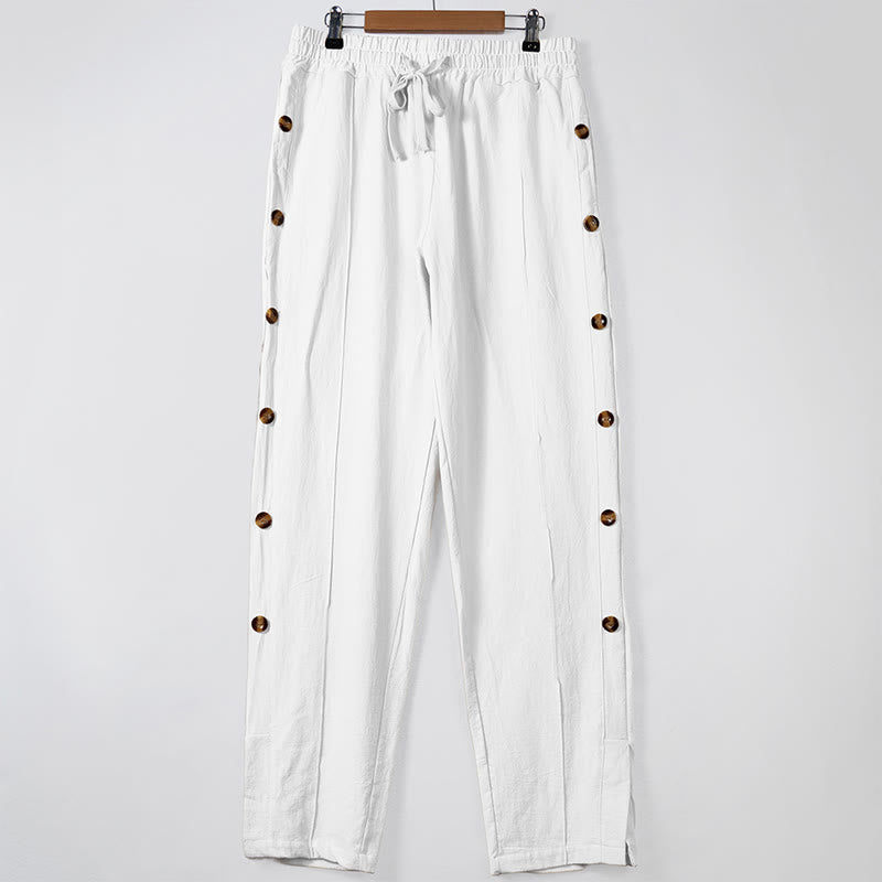 Buddha Stones Einfarbige Herren-Baumwollhose mit seitlichen Knöpfen und Taschen - Weiß - US/ UK/AU46, EU56 (3XL) - image 10