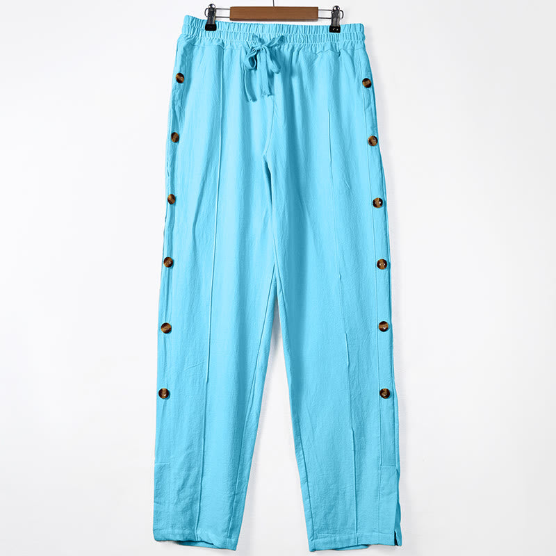 Buddha Stones Einfarbige Herren-Baumwollhose mit seitlichen Knöpfen und Taschen - Hellblau - US/ UK/AU46, EU56 (3XL) - image 9