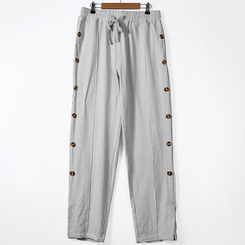 Buddha Stones Einfarbige Herren-Baumwollhose mit seitlichen Knöpfen und Taschen - Hellgrau - US/ UK/AU46, EU56 (3XL) - image 8